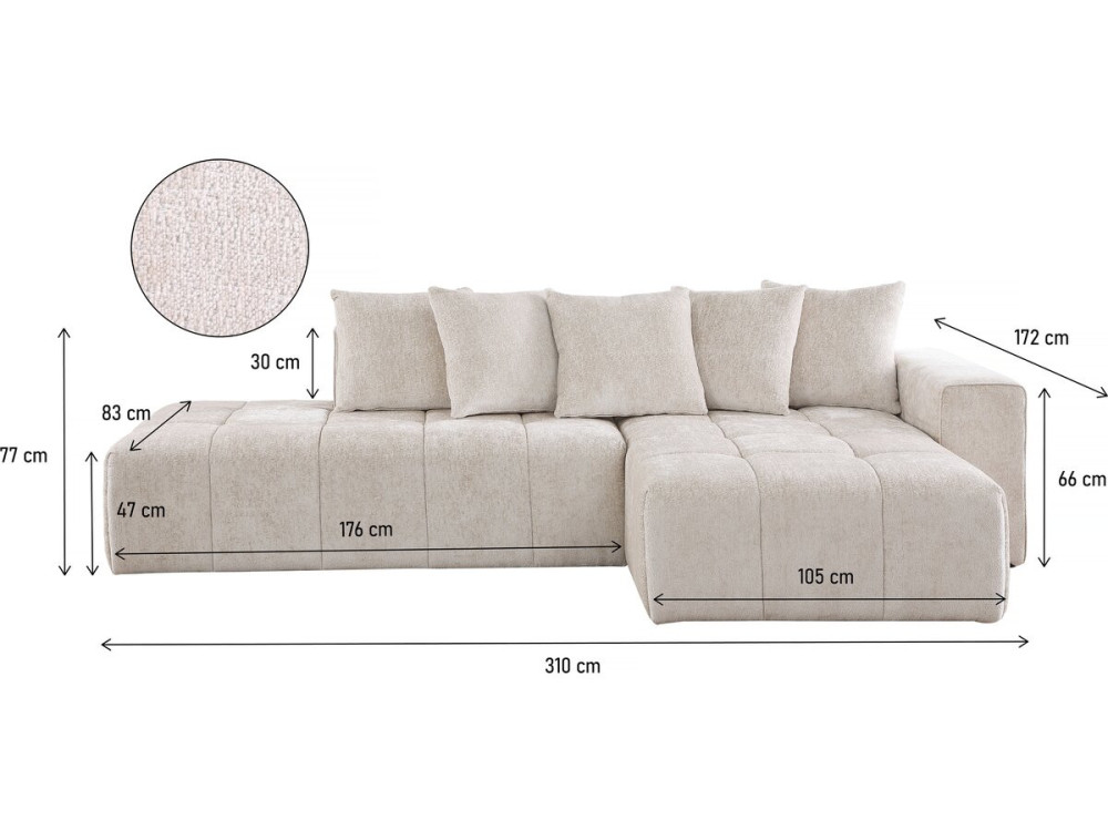 Sofá esquinero de chenilla "Haussmann" 3 plazas - Beige