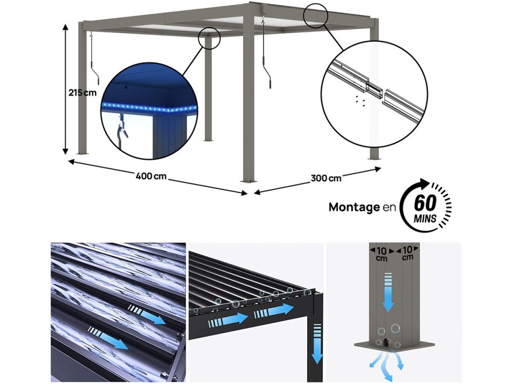 Windsor" pérgola bioclimática de aluminio con led 3 x 4 - Taupe