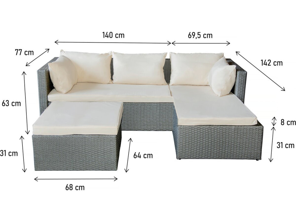 Muebles de jardín bajos en resina tejida "Diya" 3 plazas - Gris claro