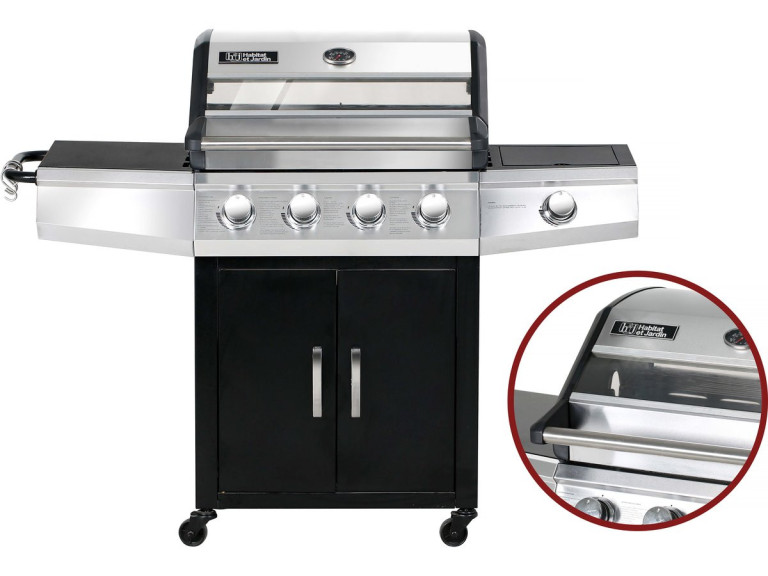 Barbacoa de gas con tapa de cristal "Bingo 5" + tapa protectora - Negro