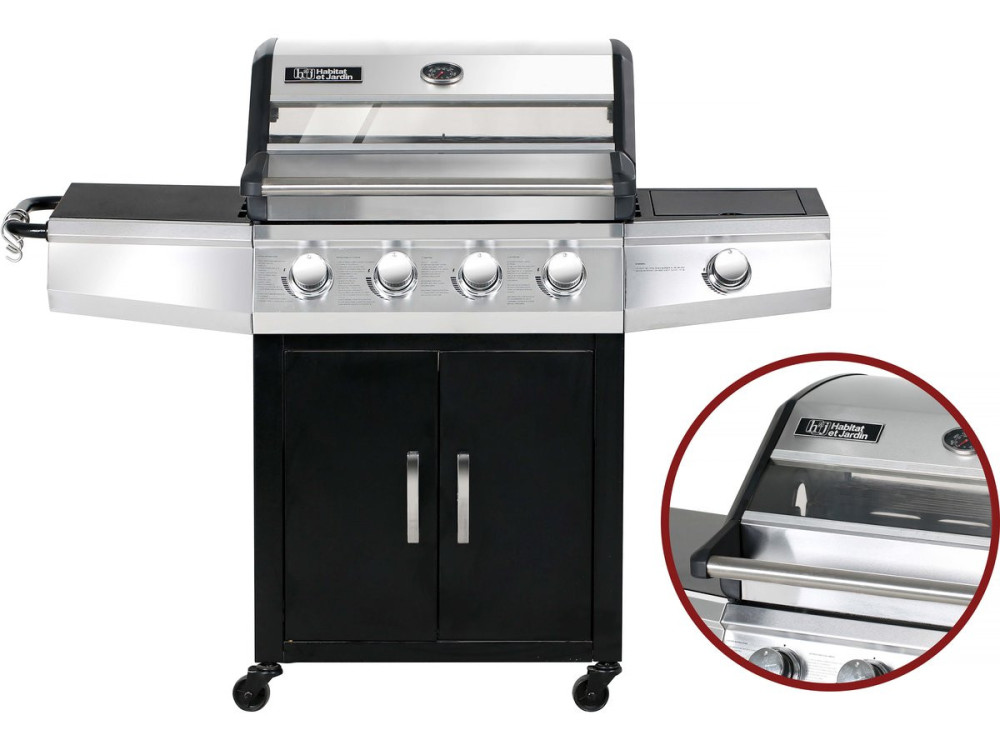 Barbacoa de gas con tapa de cristal "Bingo 5" + tapa protectora - Negro
