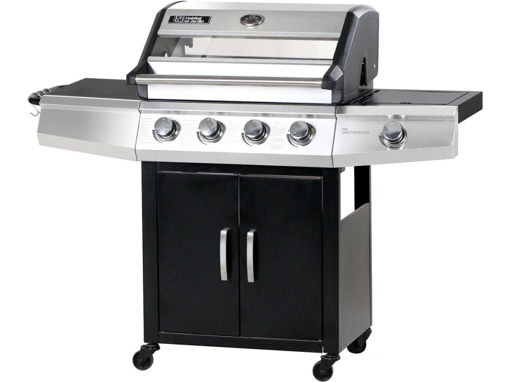 Barbacoa de gas con tapa de cristal "Bingo 5" + tapa protectora - Negro