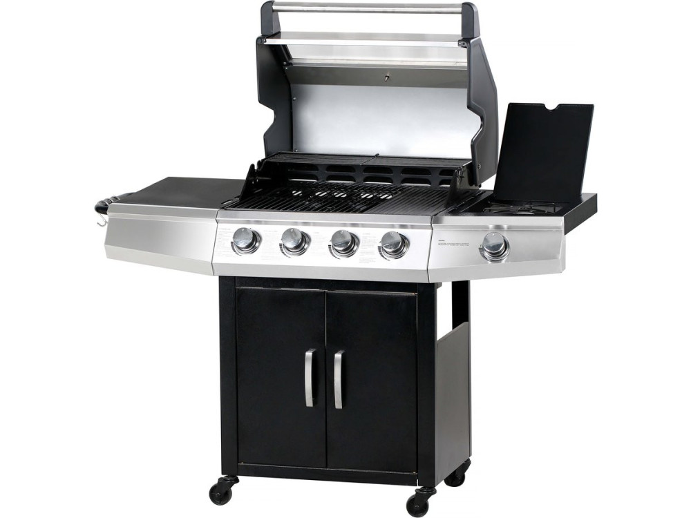 Barbacoa de gas con tapa de cristal "Bingo 5" + tapa protectora - Negro