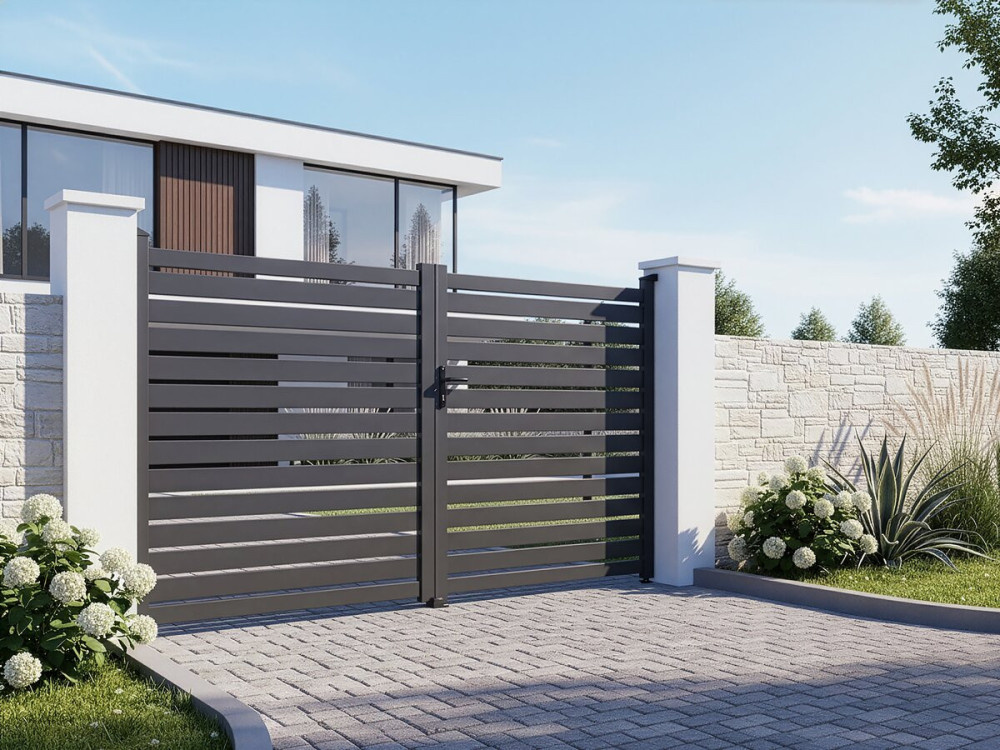Puerta de aluminio semicalada "Julien" - 340 x 140 cm - Gris