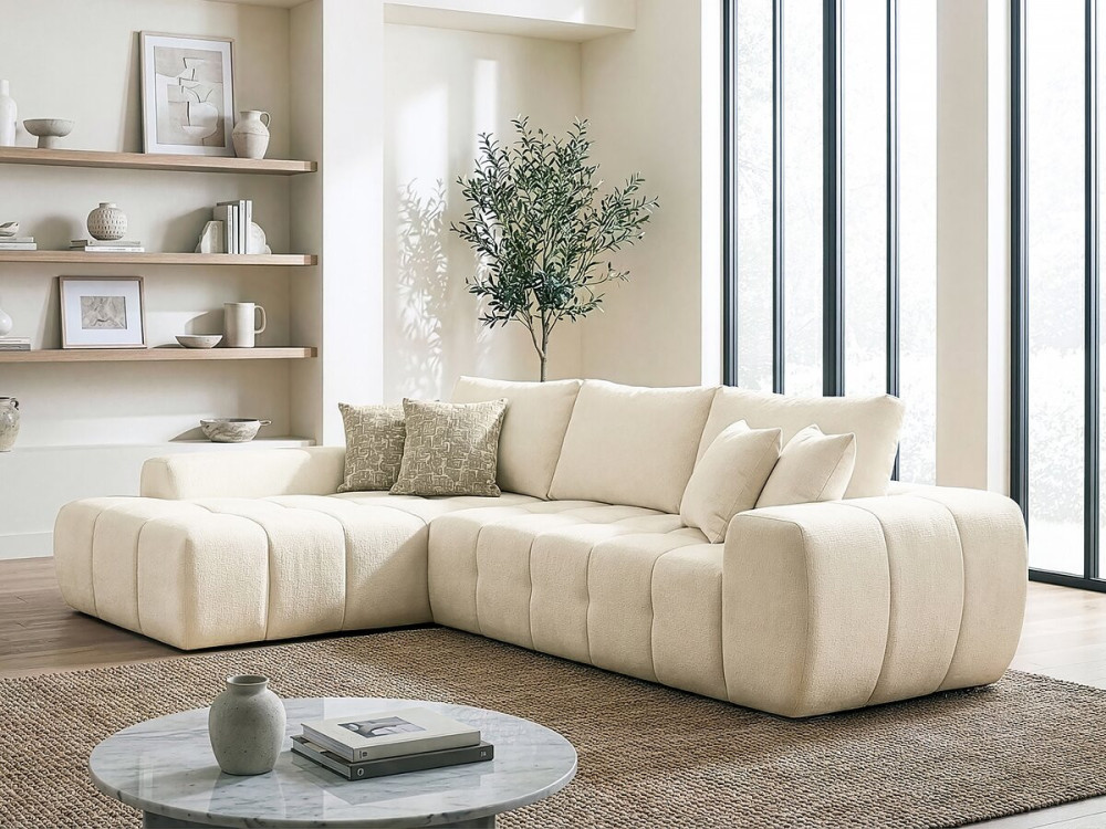 Sofá esquinero izquierdo "Sidonie" en tejido burbuja - 4 plazas - Beige