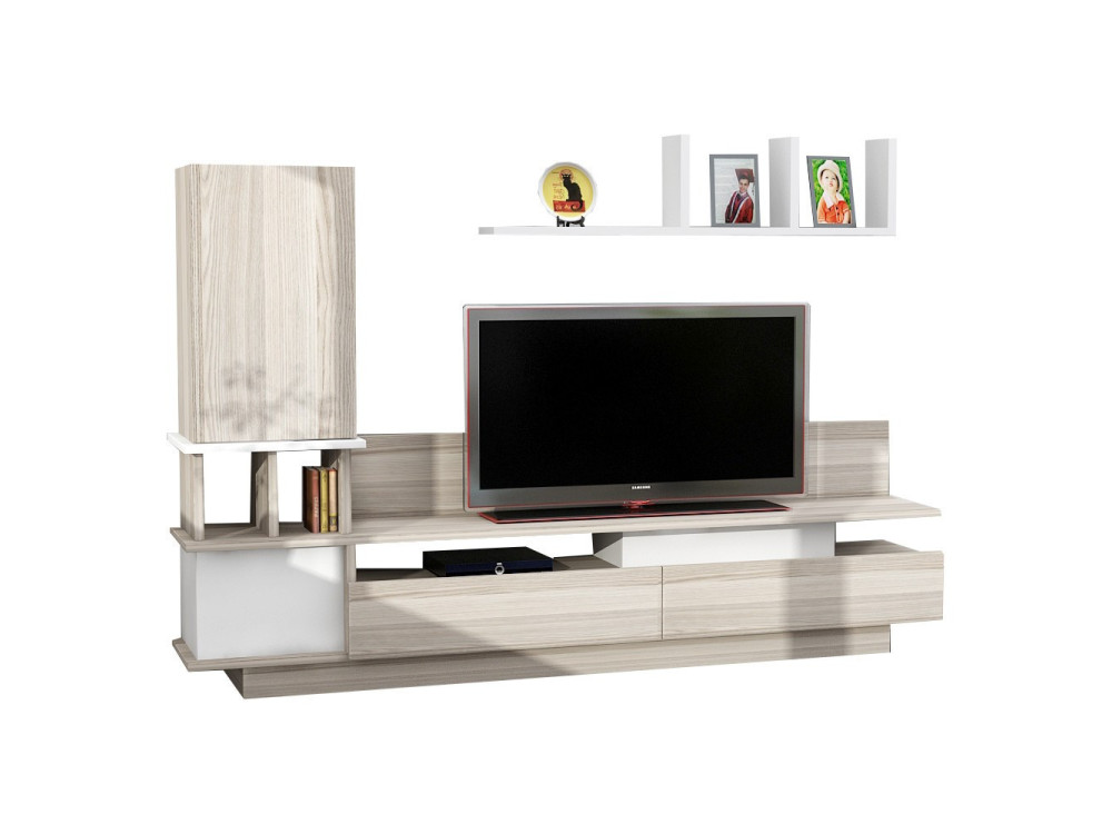 Mueble TV "Como" de madera con estante de pared - 149 x 31 x 117 cm - Gris claro