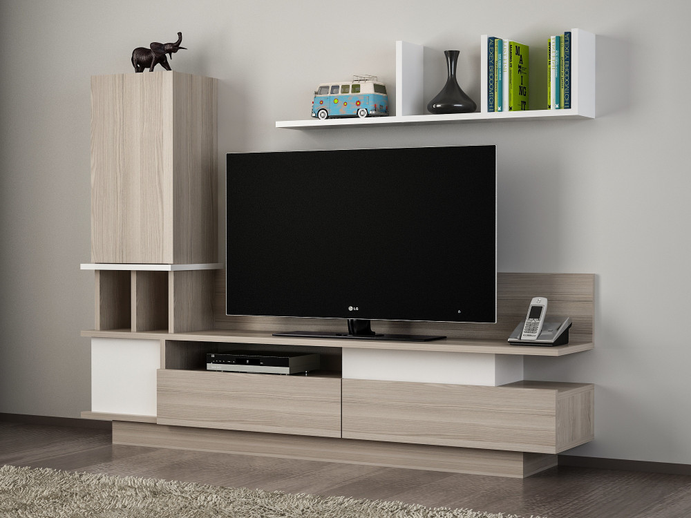 Mueble TV "Como" de madera con estante de pared - 149 x 31 x 117 cm - Gris claro