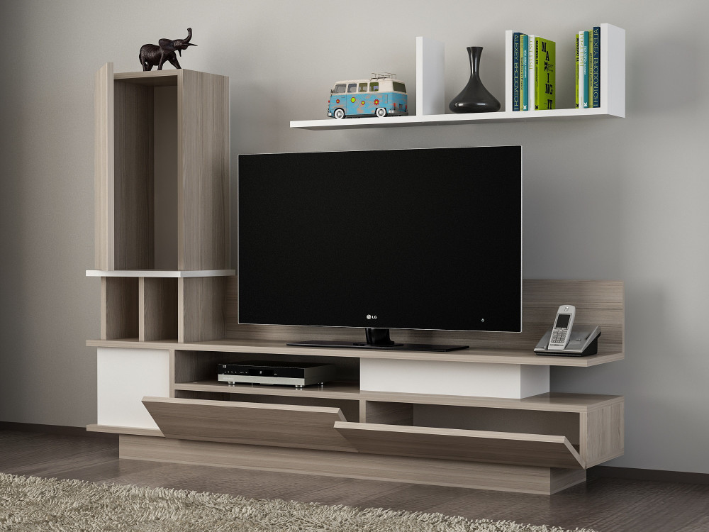 Mueble TV "Como" de madera con estante de pared - 149 x 31 x 117 cm - Gris claro
