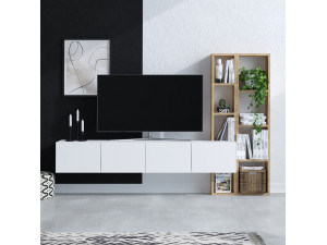 Soporte de TV de madera "Pana" - 182 x 32 x 25 cm - Blanco, Roble 2