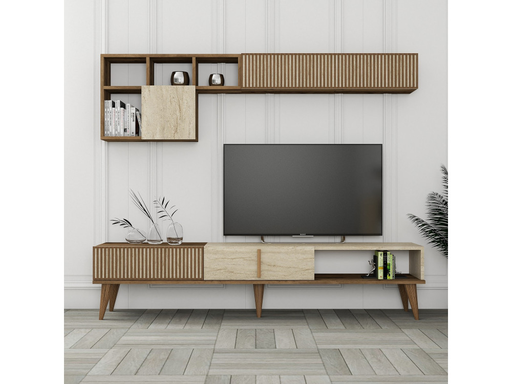Soporte de TV de madera "Milan" - 180 x 35 x 40 cm - Nogal, Travertino