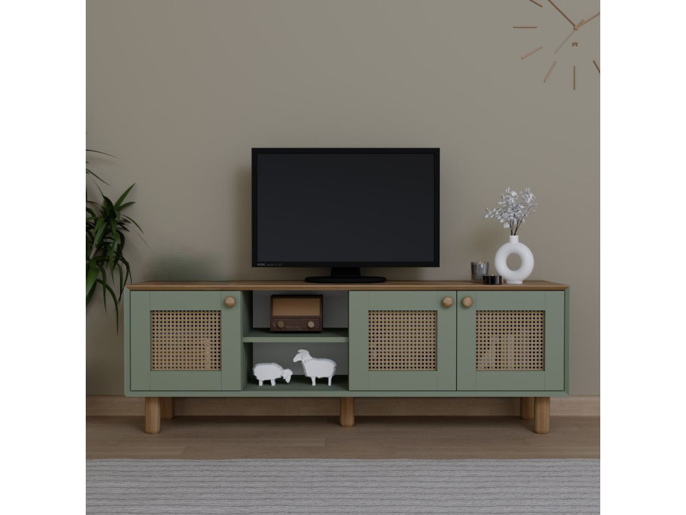 Soporte de TV "Bohemio" de madera y caña - 160 x 40 x 56 cm - Verde