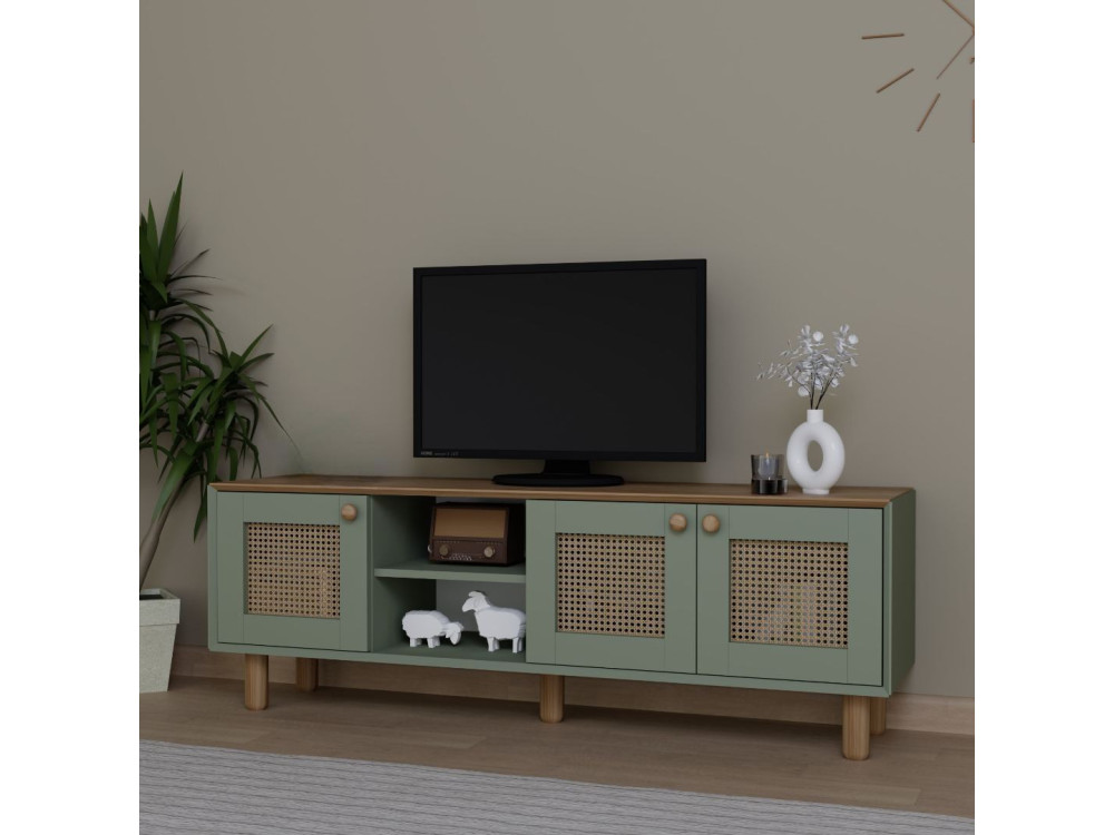 Soporte de TV "Bohemio" de madera y caña - 160 x 40 x 56 cm - Verde