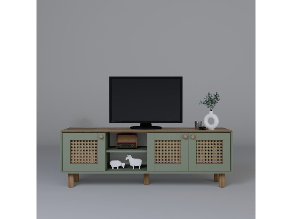 Soporte de TV "Bohemio" de madera y caña - 160 x 40 x 56 cm - Verde