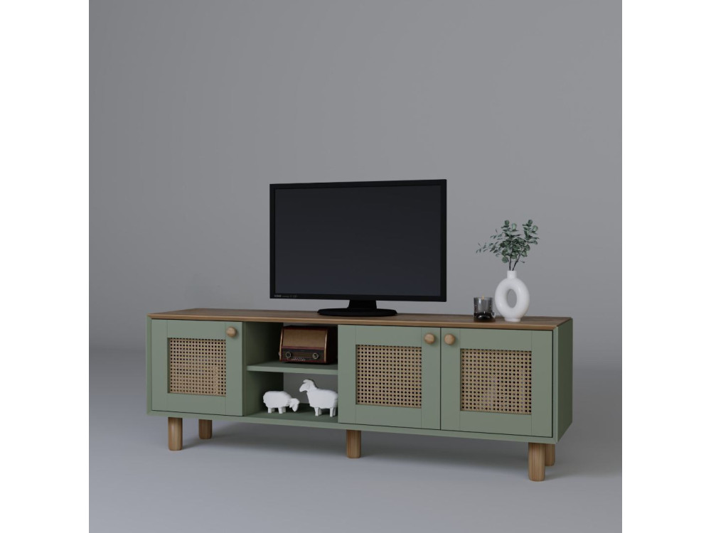Soporte de TV "Bohemio" de madera y caña - 160 x 40 x 56 cm - Verde