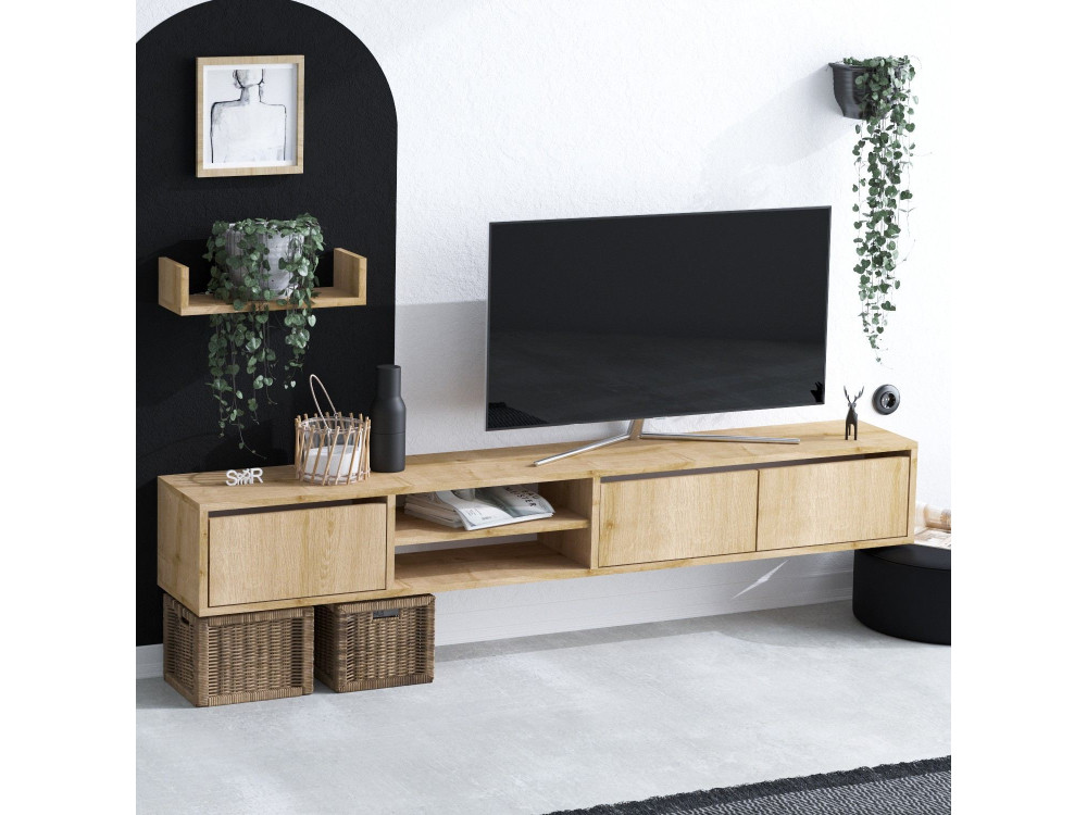 Mueble TV suspendido "Heka" con estante de madera - 180 x 30 x 25 cm - Beige
