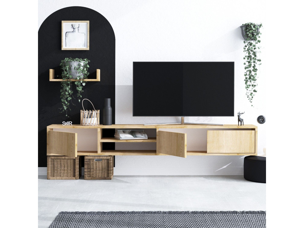 Mueble TV suspendido "Heka" con estante de madera - 180 x 30 x 25 cm - Beige