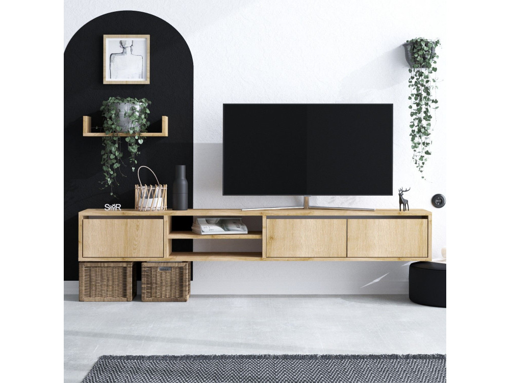 Mueble TV suspendido "Heka" con estante de madera - 180 x 30 x 25 cm - Beige
