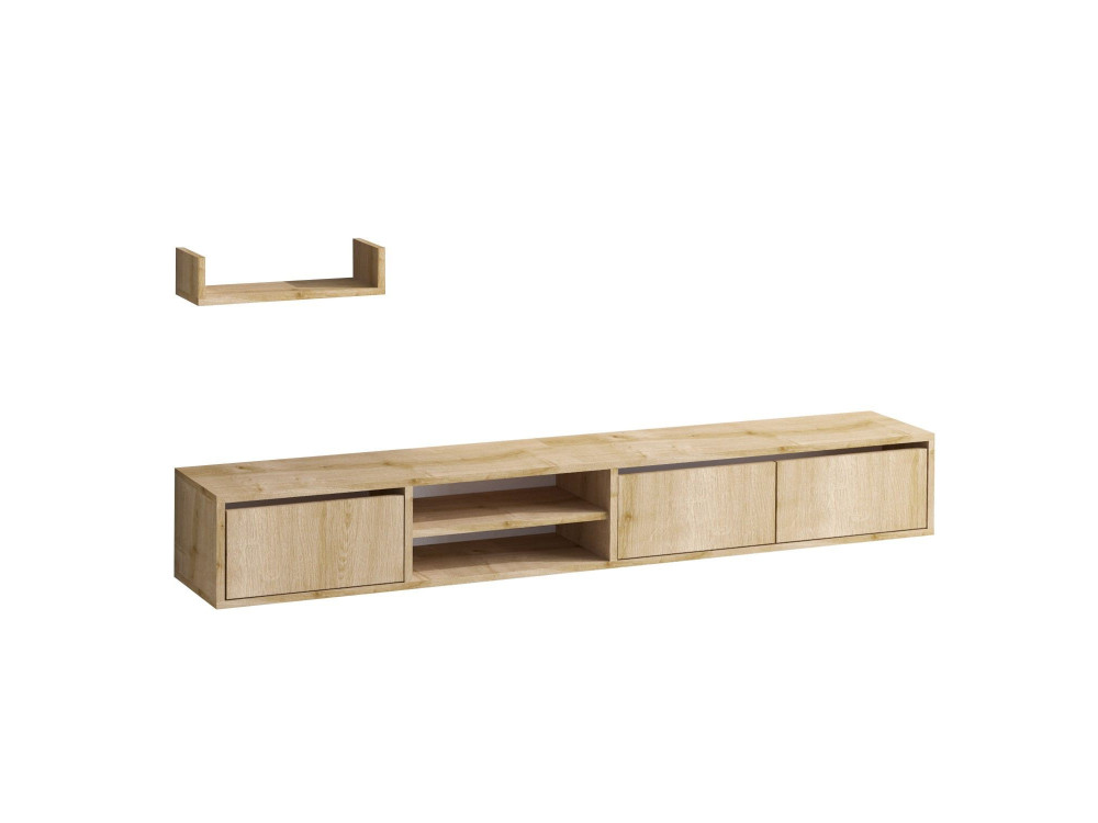 Mueble TV suspendido "Heka" con estante de madera - 180 x 30 x 25 cm - Beige