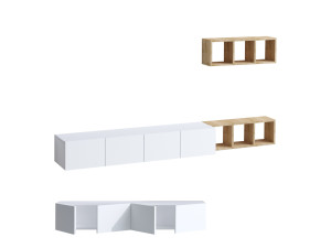 Mueble TV suspendido "Pia" con estante de madera - 215 x 32 x 25 cm - Blanco