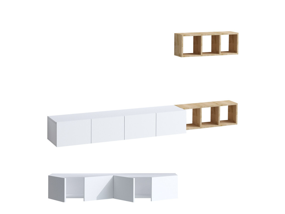 Mueble TV suspendido "Pia" con estante de madera - 215 x 32 x 25 cm - Blanco