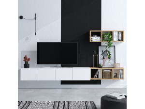 Mueble TV suspendido "Pia" con estante de madera - 215 x 32 x 25 cm - Blanco 2