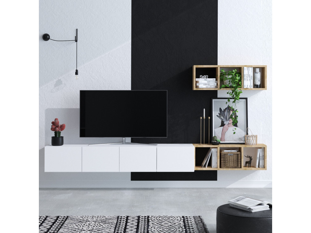 Mueble TV suspendido "Pia" con estante de madera - 215 x 32 x 25 cm - Blanco