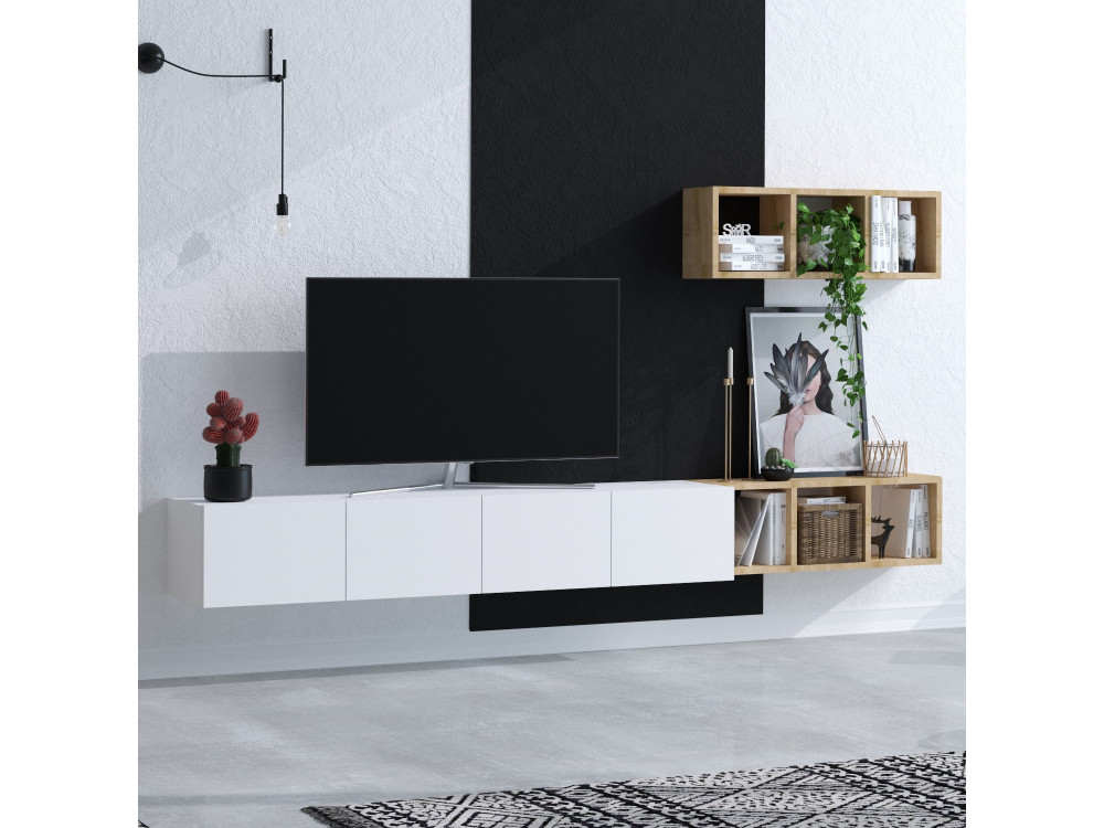 Mueble TV suspendido "Pia" con estante de madera - 215 x 32 x 25 cm - Blanco
