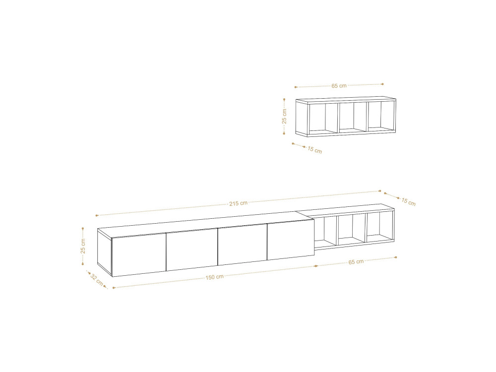 Mueble TV suspendido "Pia" con estante de madera - 215 x 32 x 25 cm - Blanco
