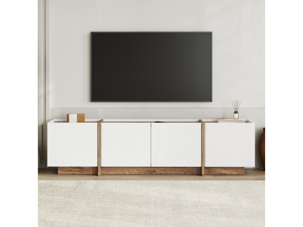 Mueble TV de madera "Lowen" - 180 x 35 x 46 cm - Blanco / Pino Atlántico