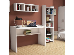 Mesa de estudio de madera "Hera" con librería y estante de pared - 118 x 58 x 80 cm - Blanco 2