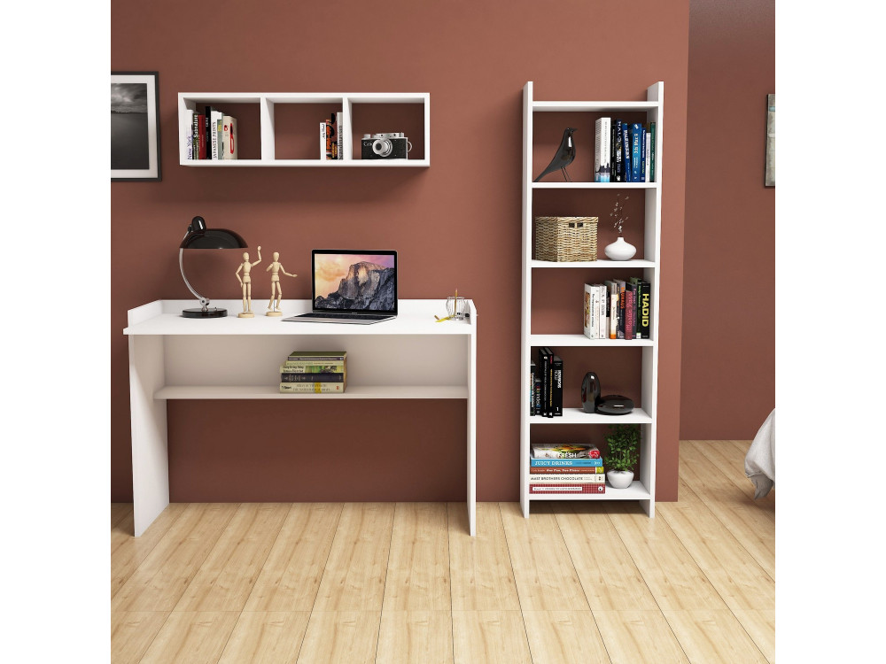 Mesa de estudio de madera "Hera" con librería y estante de pared - 118 x 58 x 80 cm - Blanco