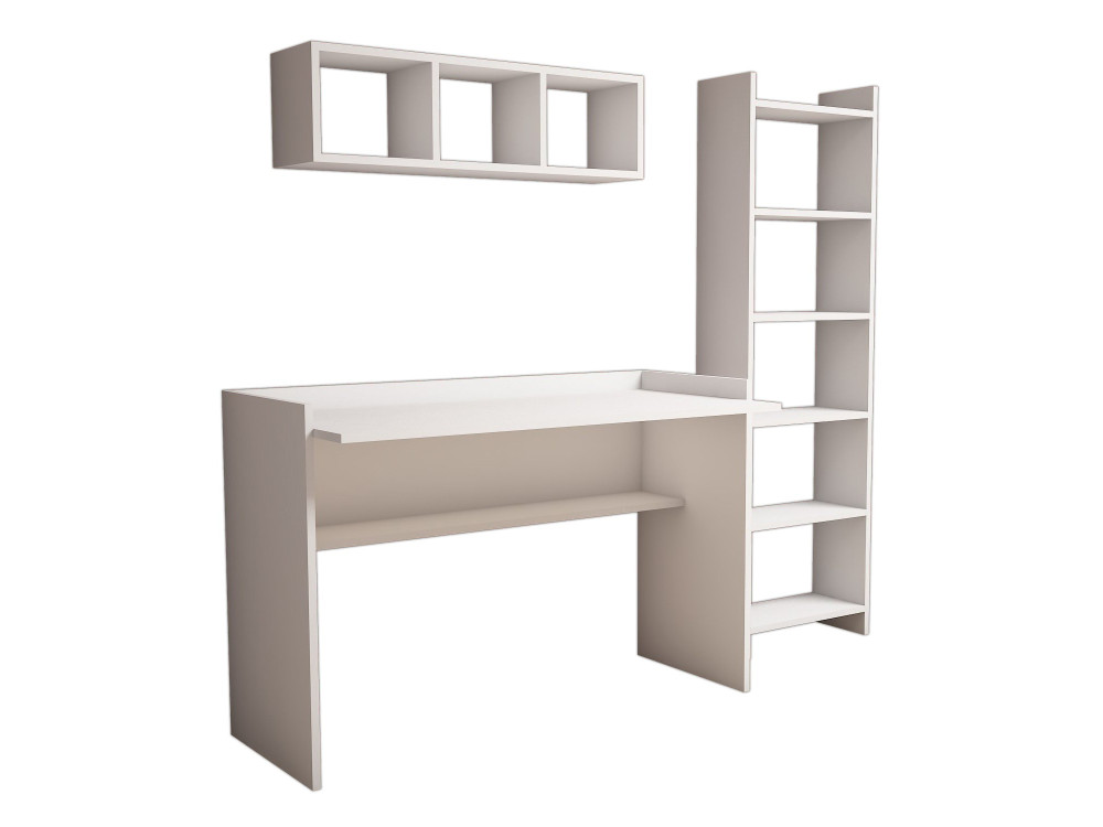Mesa de estudio de madera "Hera" con librería y estante de pared - 118 x 58 x 80 cm - Blanco