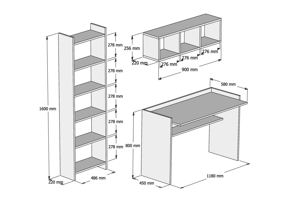 Mesa de estudio de madera "Hera" con librería y estante de pared - 118 x 58 x 80 cm - Blanco