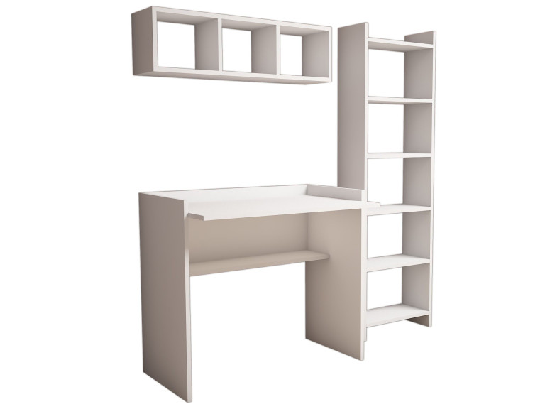 Mesa de estudio de madera "Matilda" con librería y estante de pared - 90 x 58 x 80 cm - Blanco