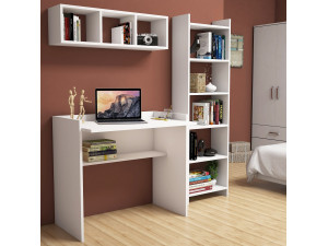 Mesa de estudio de madera "Matilda" con librería y estante de pared - 90 x 58 x 80 cm - Blanco 2