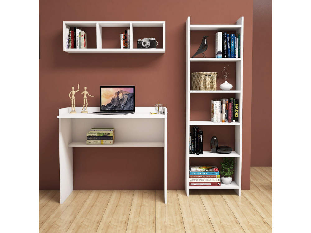 Mesa de estudio de madera "Matilda" con librería y estante de pared - 90 x 58 x 80 cm - Blanco