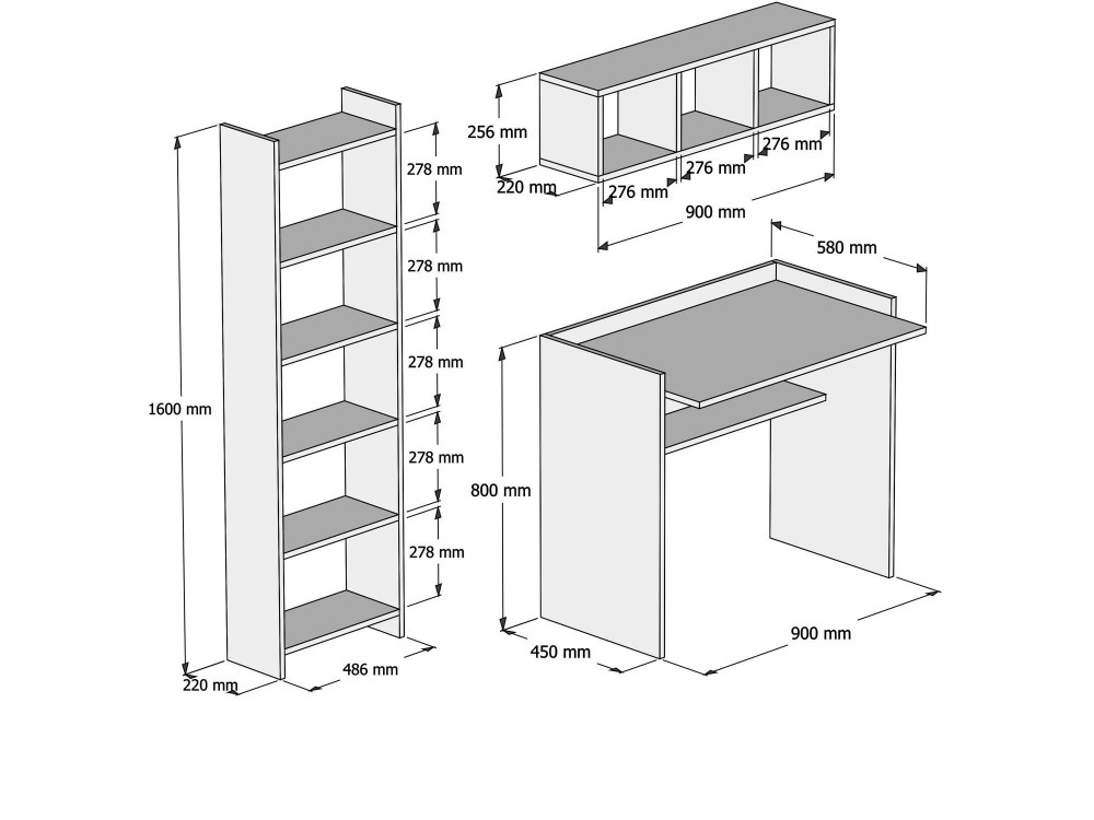 Mesa de estudio de madera "Matilda" con librería y estante de pared - 90 x 58 x 80 cm - Blanco