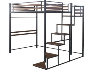 Cama alta de metal con escalera "LENA" - 140 x 200 cm - Negro y marrón nogal