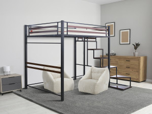 Cama alta de metal con escalera "LENA" - 140 x 200 cm - Negro y marrón nogal 2