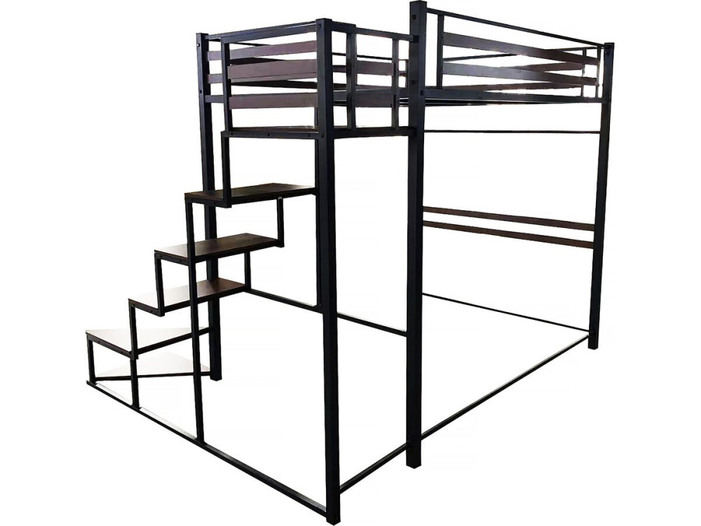Cama alta de metal con escalera "LENA" - 140 x 200 cm - Negro y marrón nogal