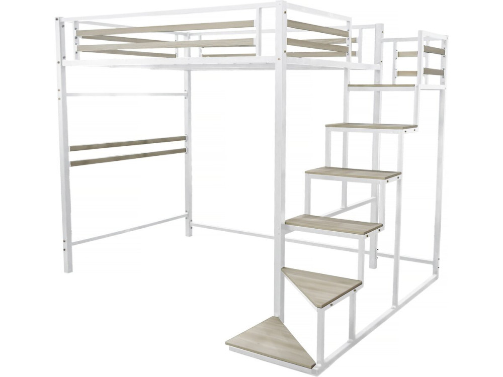 Cama alta de metal con escalera "LENA" - 140 x 200 cm - Blanco