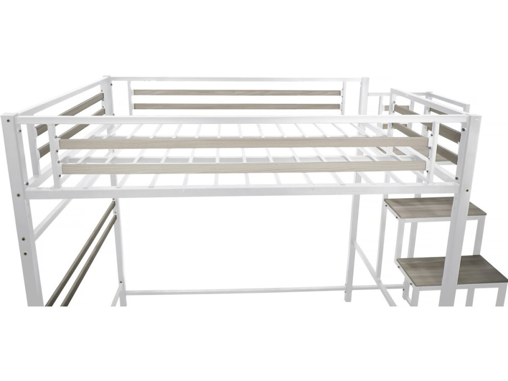 Cama alta de metal con escalera "LENA" - 140 x 200 cm - Blanco