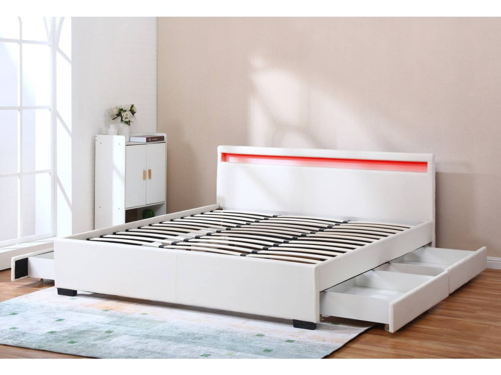 Cama doble "Nico" - LED - 180 x 200 cm - Blanco