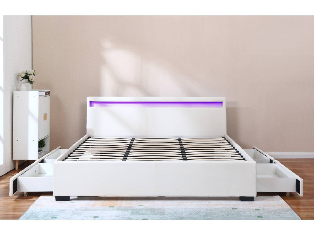 Cama doble "Nico" - LED - 180 x 200 cm - Blanco