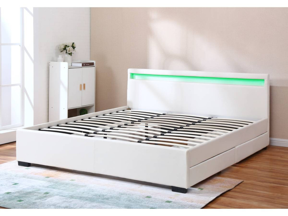 Cama doble "Nico" - LED - 180 x 200 cm - Blanco