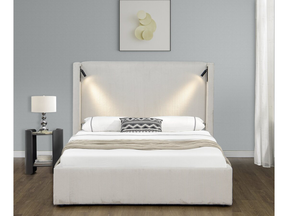 Cama doble de pana con cómoda integrada y lámpara "Cortina" - 140 x 190 cm - Beige