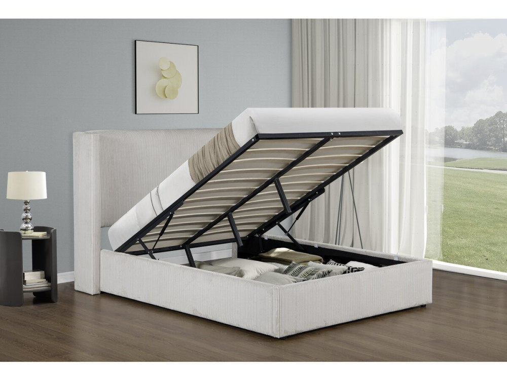 Cama doble de pana con cómoda integrada y lámpara "Cortina" - 140 x 190 cm - Beige
