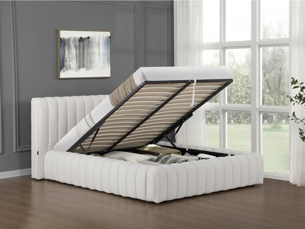 Cama doble de tela "Tignes" con espacio de almacenaje - 160 x 200 cm - Beige