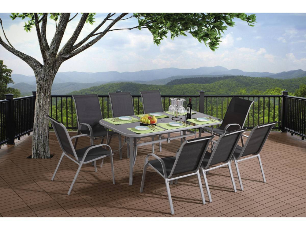 Conjunto De Jardín Mesa + 8 sillas de Textileno "Córdoba"  - Gris obscuro