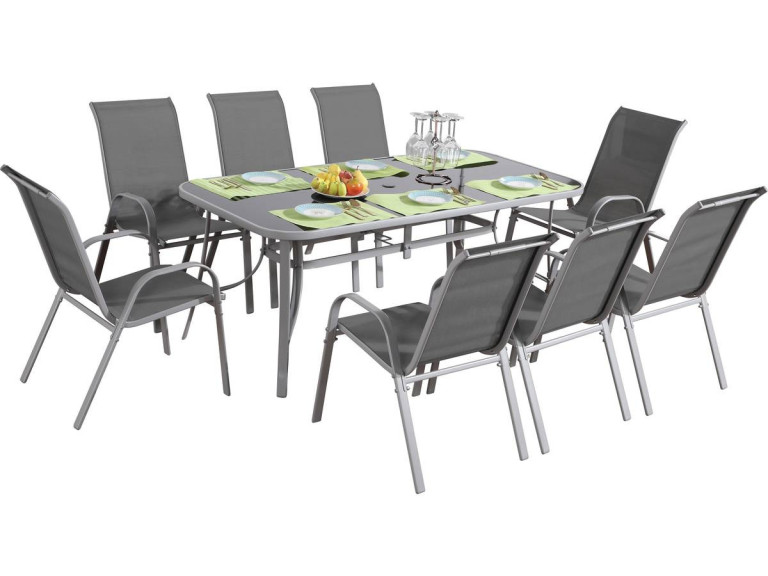 Conjunto De Jardín Mesa + 8  sillas de Textileno "Córdoba + Porto" - Gris Claro